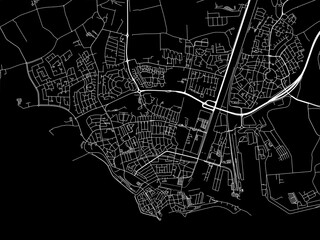 Vector road map of the city of  Vlissingen in the Netherlands with white roads on a black background.
