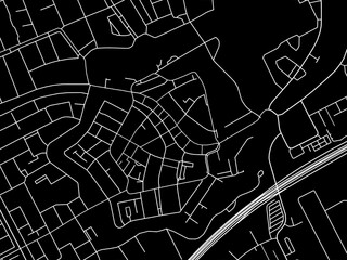 Vector road map of the city of  Woerden Centrum in the Netherlands with white roads on a black background.