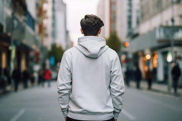the back of a man wearing a white hoodie