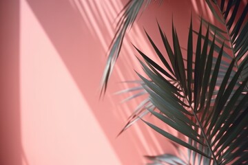 Blurred shadow from palm leaves on the pink wall. Minimal abstract background for product presentation. Ai generative.