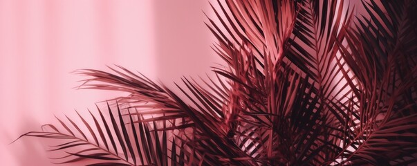Fototapeta na wymiar Banner blurred shadow from palm leaves on the pink wall. Minimal abstract background for product presentation. Ai generative.