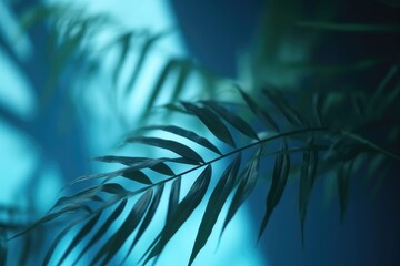 Blurred shadow from palm leaves on the blue wall. Minimal abstract background for product presentation. Ai generative.
