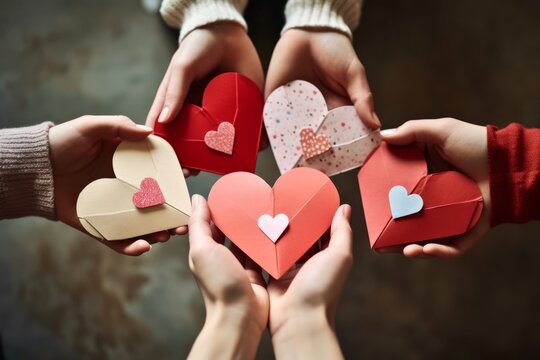 An image featuring hands holding heart-shaped cards with handwritten messages, emphasizing the sentimental and personal aspects of expressing love on Valentine's Day. Generative Ai