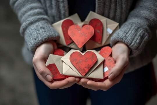 An image featuring hands holding heart-shaped cards with handwritten messages, emphasizing the sentimental and personal aspects of expressing love on Valentine's Day. Generative Ai