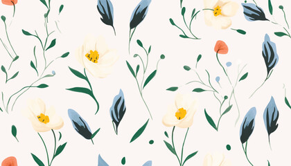 Modern hand drawn minimalist flower pattern. Light beautiful botanical print. Fashionable template for design.