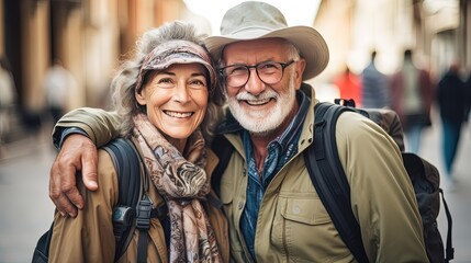 Fototapeta premium happy senior lover couple travel together, man and woman with bustling lively city street background, Silver Gen lifestyle, Generative Ai