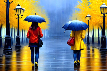 Rain, umbrella, two women, walking side by side