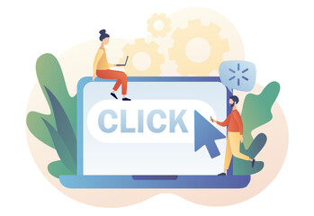 Fototapeta premium Cursor pointer sign. Click here button on laptop screen. Tiny people with huge mouse arrow click. Internet concept. Modern flat cartoon style. Vector illustration on white background