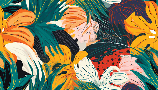 Trendy exotic jungle plants illustration pattern. Creative collage contemporary floral seamless pattern. Fashionable template for design.