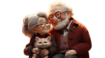 endearing smiling elderly couple and cat Generative AI