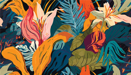 Trendy exotic jungle plants illustration pattern. Creative collage contemporary floral seamless pattern. Fashionable template for design. © Eli Berr