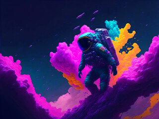 Illustration of a Peaceful Galaxy Astronaut in Glowing Colorful Galactic Cloud. Man in Space Concept Design for Poster, Banner, Invitation, Greeting Card or Cover. Ai Generated. © articular