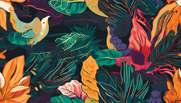 Trendy exotic jungle plants illustration pattern. Creative collage contemporary floral seamless pattern. Fashionable template for design.
