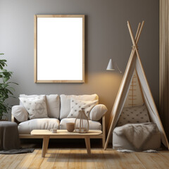 Cozy and inviting interior mockup with warm tones and comfortable seating
