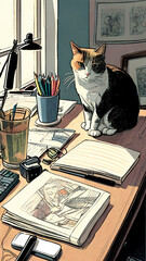 Workplace of writer or artist table with notepad, pencils and cat created with Generative AI
