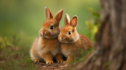 Two rabbits sitting next to each other in the grass, Generative AI