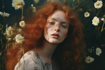 portrait of a woman/model/book character surrounded by flowers in daylight with a thoughtful expression in a fashion/beauty editorial magazine style film photography look - generative ai art