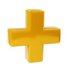 Realistic 3d yellow golden plus, add sign icon. Decorative arithmetic element, education maths, mathematical or medical symbol. Abstract illustration isolated transparent png