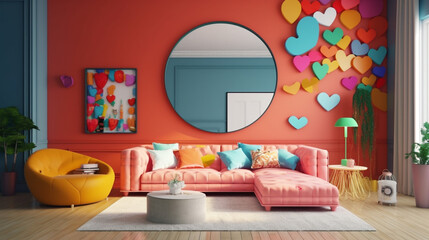 A living room filled with furniture and a mirror, Generative AI