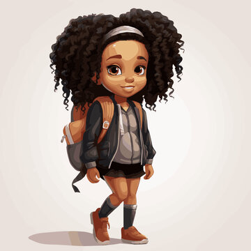 simple cartoon clipart black african american girl student child going to school white background