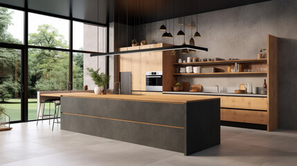 A modern kitchen with a large island and bar stools,