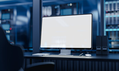 Scientific computer in a laboratory or server room with blank screen - template. 3d render