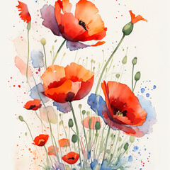 Image of Watercolor Poppies Flower Illustration with Colorful Paint Splash on Light Background. Vintage Aquarelle Wallpaper Design for Banner, Poster, Invitation or Greeting Card. AI Generated. printed on Printed Glass Basin Splashbacks