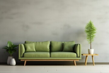 A living room with a green couch and a potted plant. AI