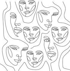 Vector seamless pattern with women faces continuous Line art