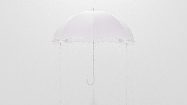 White umbrella was opened while it was pouring rain. Designed with minimal concept. 3d Render.
