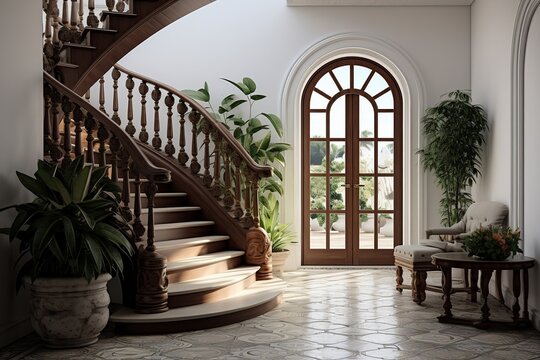 A foyer with a staircase and potted plants. AI