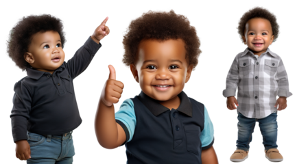 Set of stylish, fashionable, happy, cute Afro-American child toddler in different poses - giving thumbs up, standing, pointing finger up, showing something