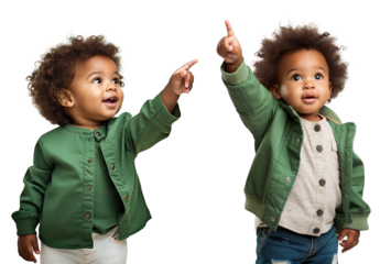 Set of stylish, fashionable, happy, cute Afro-American child toddler in different poses - pointing finger up, showing something