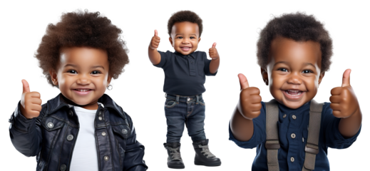 Set of stylish, fashionable, happy, cute Afro-American child toddler in different poses - giving thumbs up