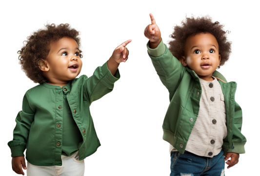 Set of stylish, fashionable, happy, cute Afro-American child toddler in different poses - pointing finger up, showing something