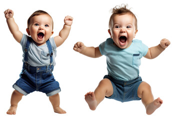 set of emotional, happy, excited, cheering baby toddler child - celebrating, throwing arms up. on transparent background - obrazy, fototapety, plakaty