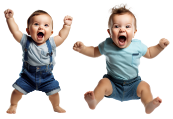 set of emotional, happy, excited, cheering baby toddler child - celebrating, throwing arms up. on transparent background