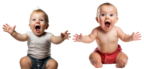 set of emotional, happy, excited, cheering baby toddler child - celebrating, throwing arms up. on transparent background
