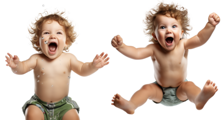 set of emotional, happy, excited, cheering baby toddler child - celebrating, throwing arms up. on transparent background