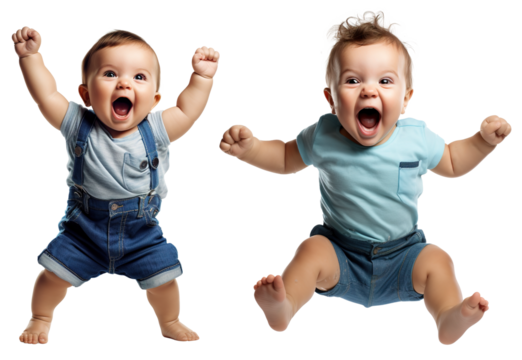 set of emotional, happy, excited, cheering baby toddler child - celebrating, throwing arms up. on transparent background