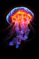 Glowing jellyfish swim deep in blue sea. Medusa neon jellyfish fantasy in space cosmos among stars