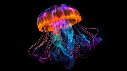 Glowing jellyfish swim deep in blue sea. Medusa neon jellyfish fantasy in space cosmos among stars