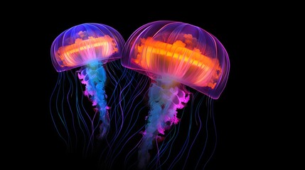 Glowing jellyfish swim deep in blue sea. Medusa neon jellyfish fantasy in space cosmos among stars