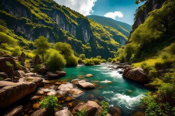 Naklejka na ściany i meble river in the forest surrounding mountains GENERATIVE AI