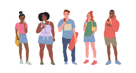 Fototapeta premium Group of different teenagers with ice creams. Vector flat cartoon illustration