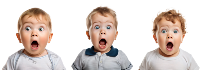 Set of portraits of an excited, shocked, surprised happy Caucasian child baby toddler on transparent background