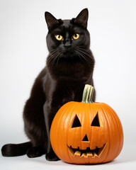 Black cat seating next to the pumpkin