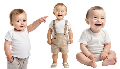 happy, smiling Caucasian toddler kid in different poses - sitting, standing, pointing finger up. On transparent background