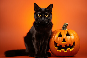 Black cat seating next to the pumpkin