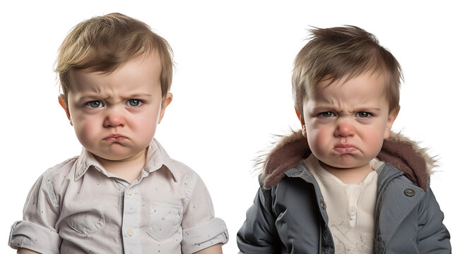 fictional portrait of a frustrated angry grumpy upset toddler kid on transparent background